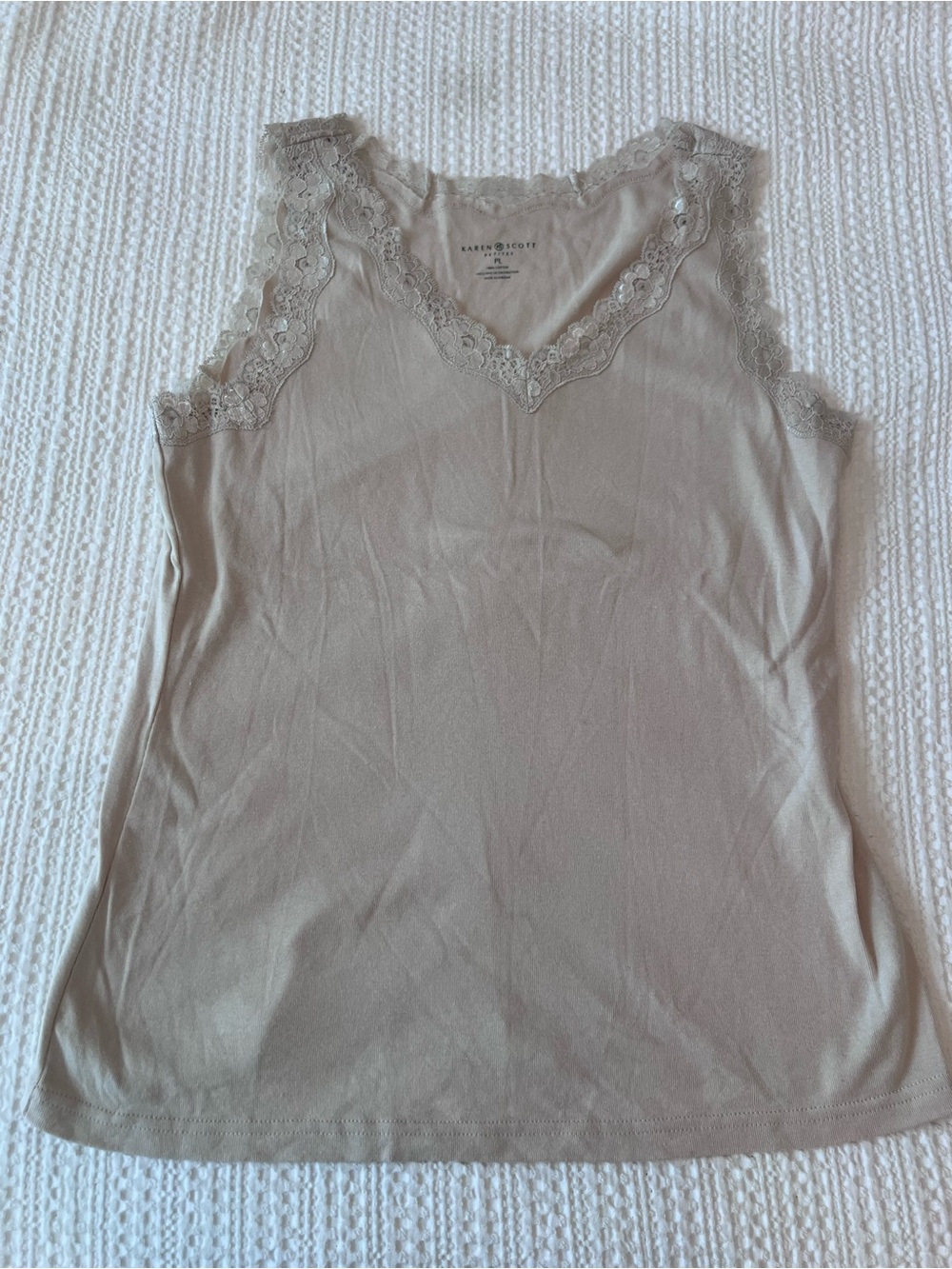 Petite Karen Scott Lace Trim V-Neck Tank Top in Taupe